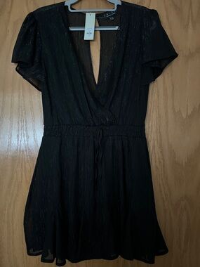 Black Sparkle Flutter Sleeve Dress